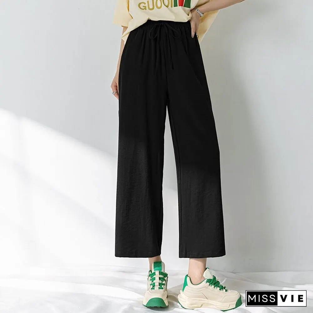 Chic Streetwear Women Y2k Cotton Linen Wide Leg Pants Summer Elastic Waist Ankle-length Pants Lace Up Harajuku Casual Pants