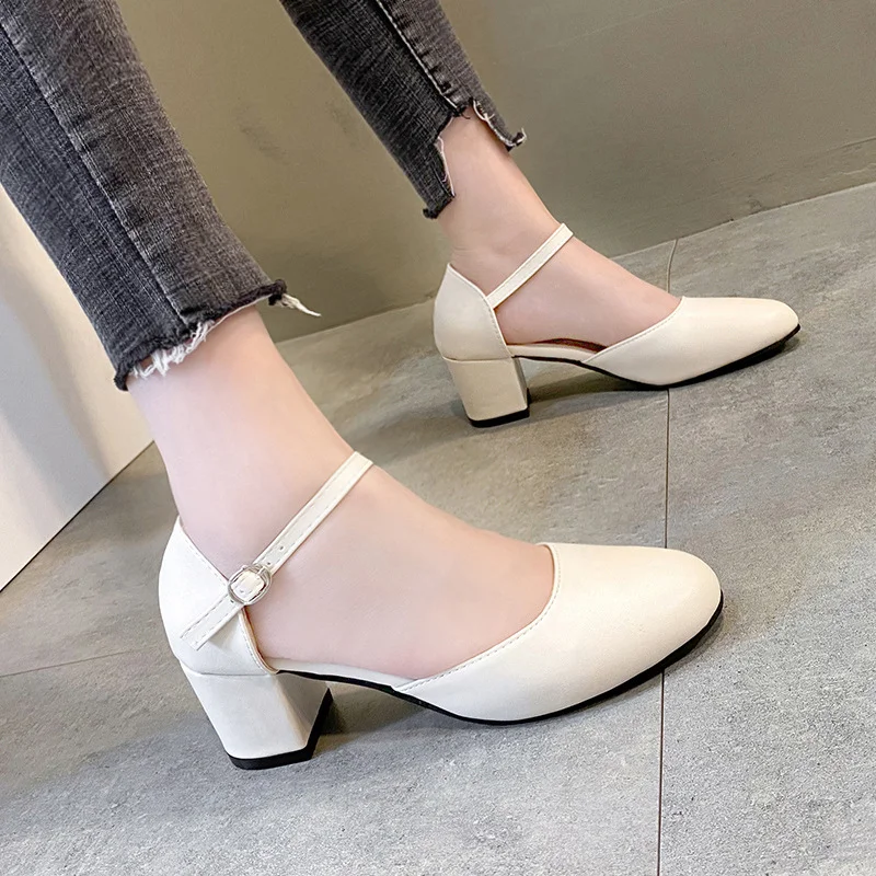 Breakj Breakj Women's 2025 Four Seasons New Round Head Simple Shallow Single Shoes Women's Buckle Thick Heel High Heels Women's Shoes