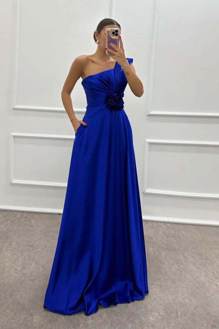 One Shoulder Rose Detail Evening Dress
