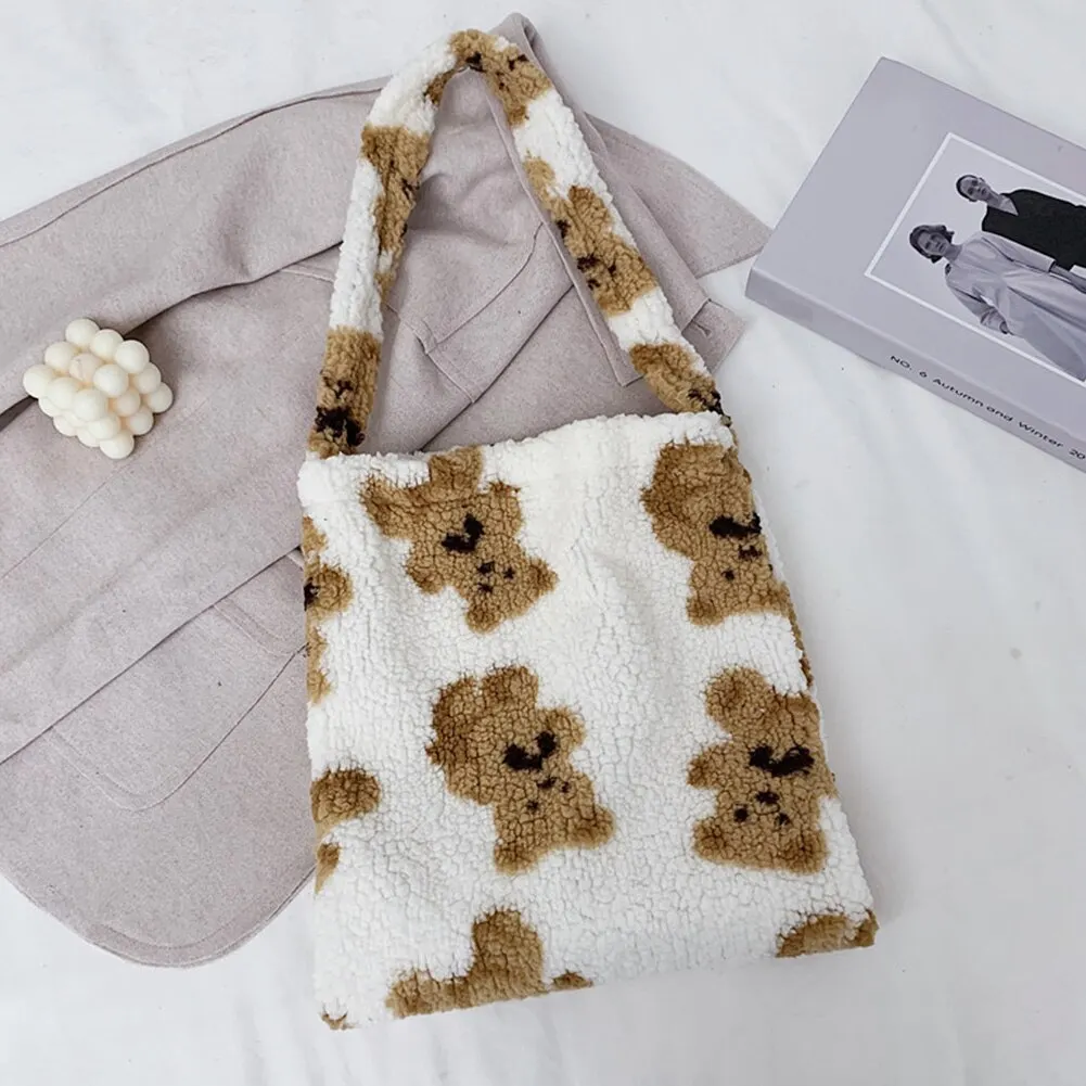 Fashion Exquisite Shopping Bag Cute Bear Print Top-handle Bag Female Autumn Fashion Plush Tote Shoulder Handbag