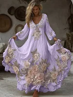 Women's Vintage Pink Floral Embroidery Art Comfy Linen Maxi Dress - Image 6