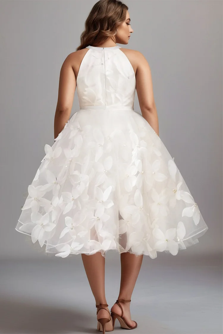 Xpluswear Design Plus Size Wedding White Sundress Halter Collar 3D Midi Dresses [Pre-Order]