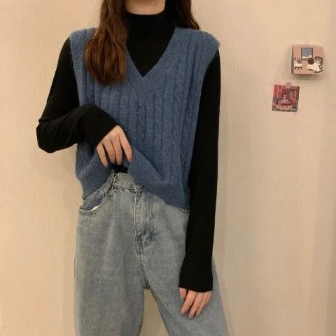 Solid Women Sweater Vest V-neck Simple Elegant Pullover Spring Outwear Knitted Korean Style Fresh Students Trendy Chic Tops New