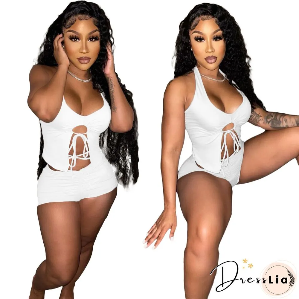 Summer Women Sexy Solid Color Irregular Hollow Out Sleeveless Halter Top Skinny Shorts Two Piece Suit
