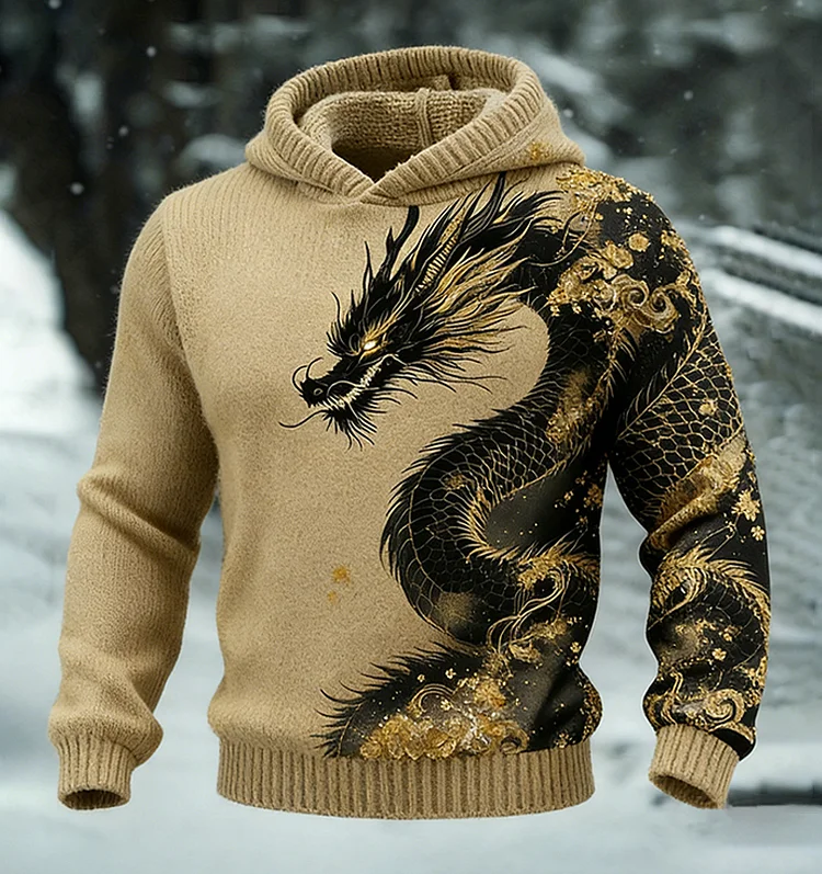 Black Golden Dragon Pattern Men's Cozy Hooded Sweater