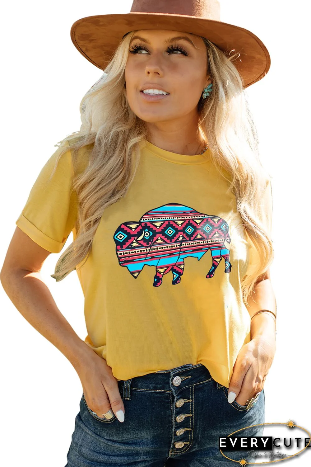 Yellow Western Aztec Cow Graphic Print Short Sleeve T Shirt