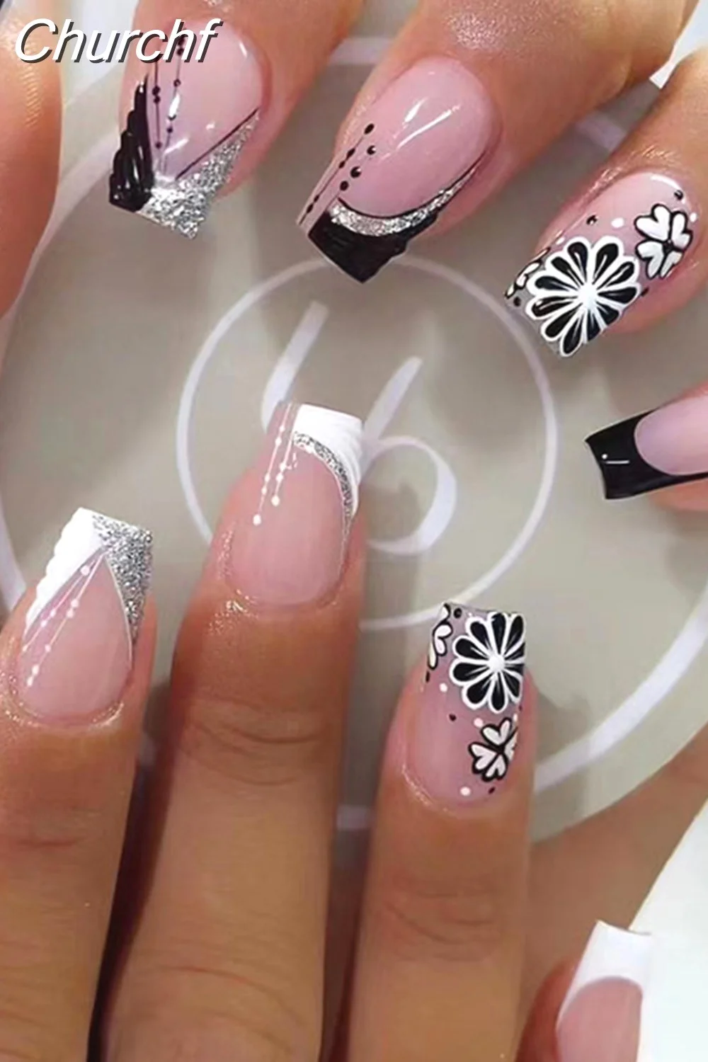 Churchf Nail Full Cover Fake Nail Pink Glitter Wearable French Short Nails Square Head False Nail Press On Nails Manicure Tool 715-1-Nail Inspo