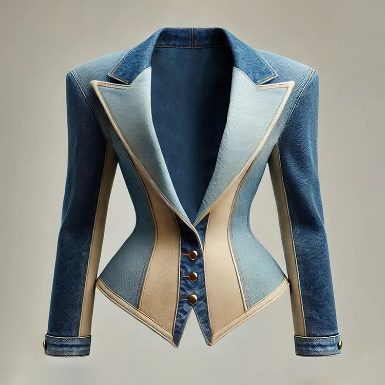 Ursime Peak Lapel Single Breasted Denim Patchwork Blazer