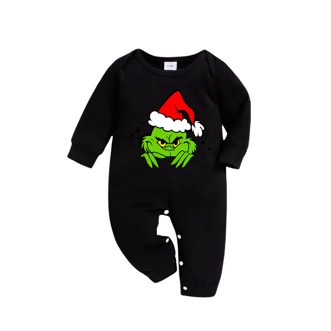 Green Cartoon Character with Red Hat Pattern Black Top Red and Green Plaid Family Matching Pajamas