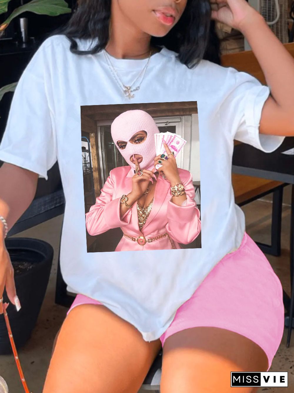 Pattern Print Short Sleeve T Shirt Biker Shorts Suit