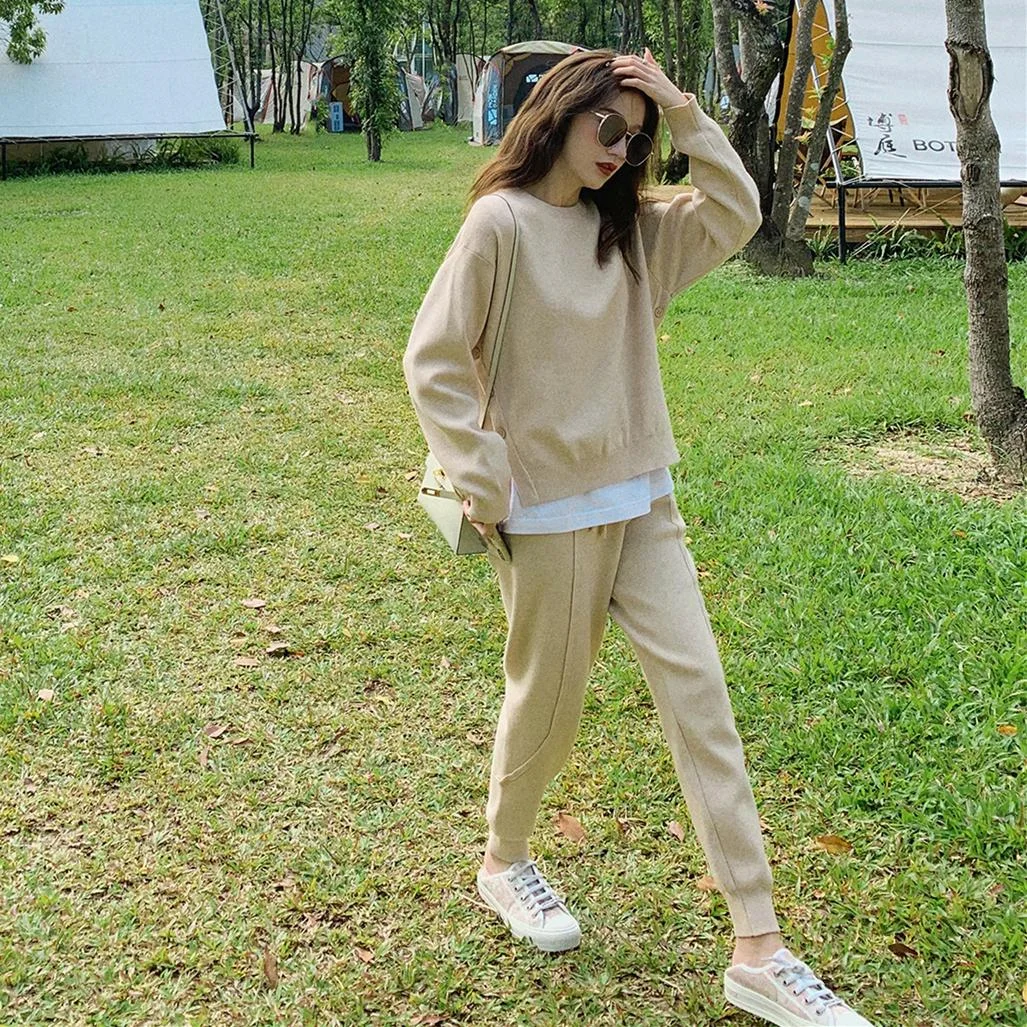 Chic Women Sweater Pullovers & Elastic Waist Harem Pants Autumn Winter Female 2 Pieces Knitted Set