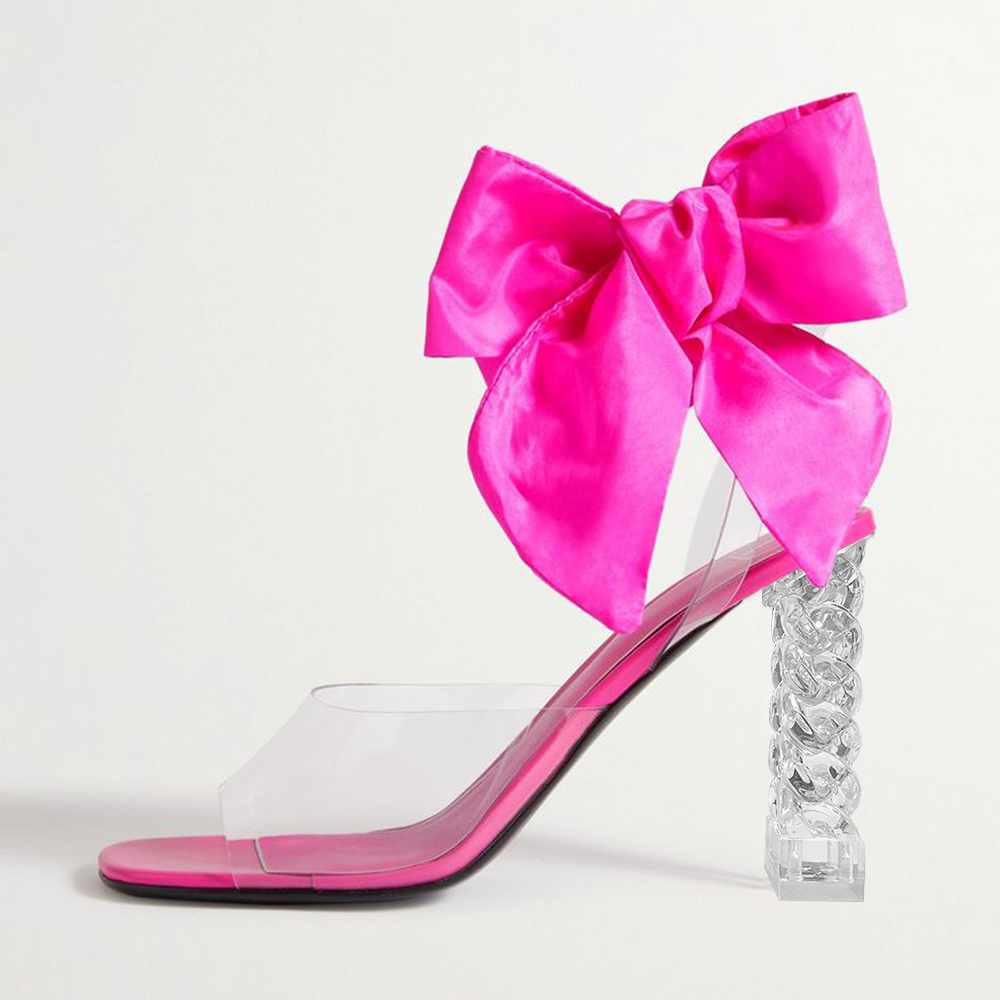 Pink & Clear Satin Open Toe Decorative Heel Strappy Sandals with Bow Nicepairs
