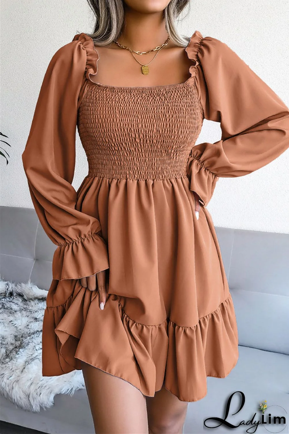 Burgundy Fashion Casual Solid Patchwork Square Collar Long Sleeve Dresses