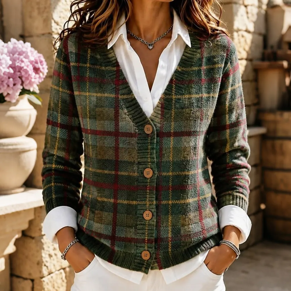 Comstylish Women's Retro Fall Plaid Pattern Art Casual Knit Cardigan
