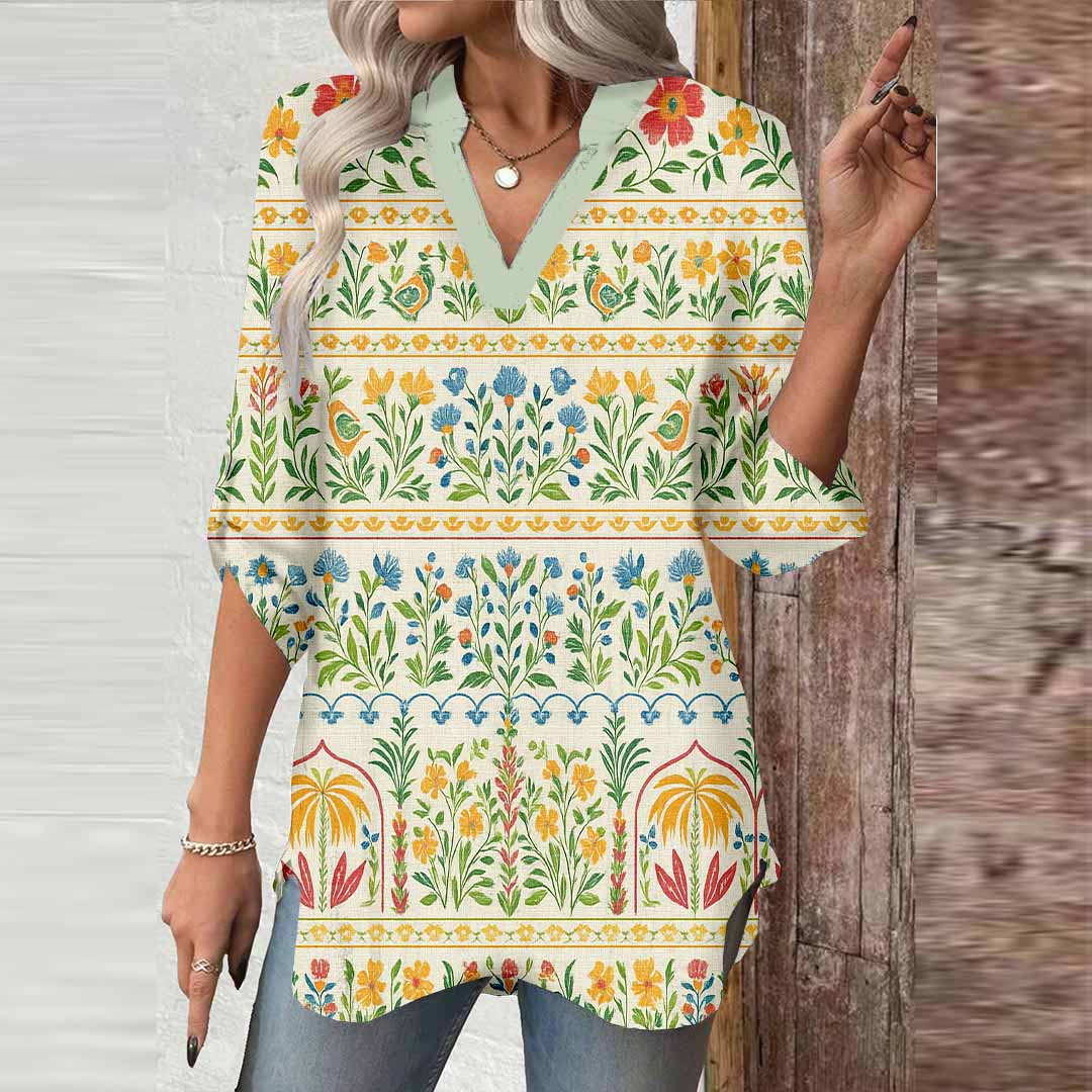 Women Artistic Of, Floral, Green DZGA0135 3/4 Sleeve V-neck Printed Graphic Button Tops