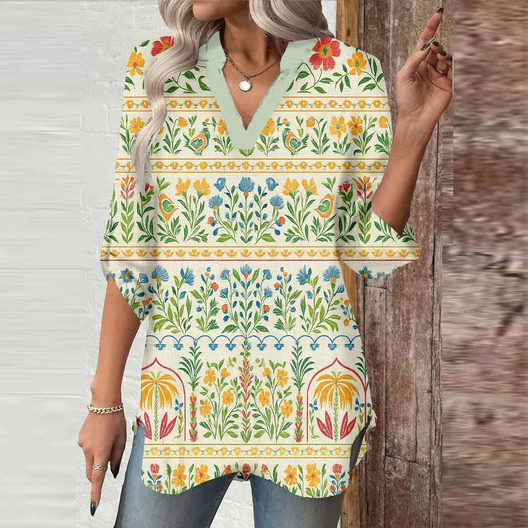 Women Artistic Of, Floral, Green DZGA0135 3/4 Sleeve V-neck Printed Graphic Button Tops