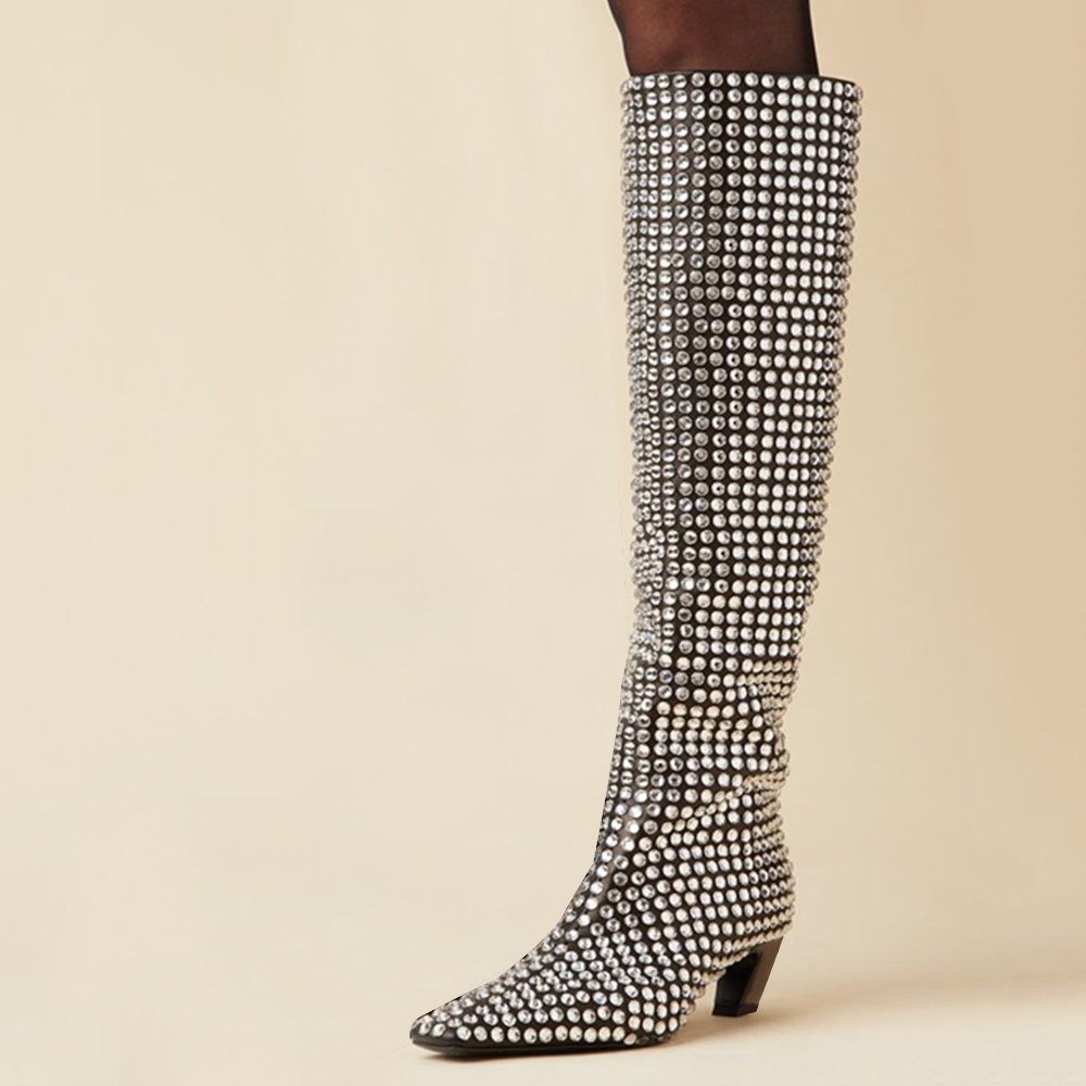 Stylish Rhinestone Embellished Chunky Heel Knee High Boots in Black Nicepairs