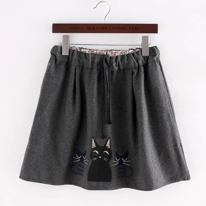 Dark Grey Kawaii Kitten Elastic Waist Skirt SP154035