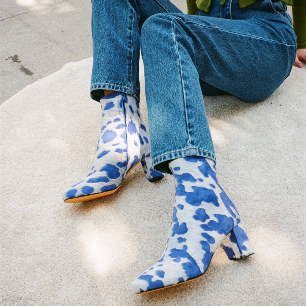 Blue and White Horse Hair Cow Print Block Heel Ankle Boots