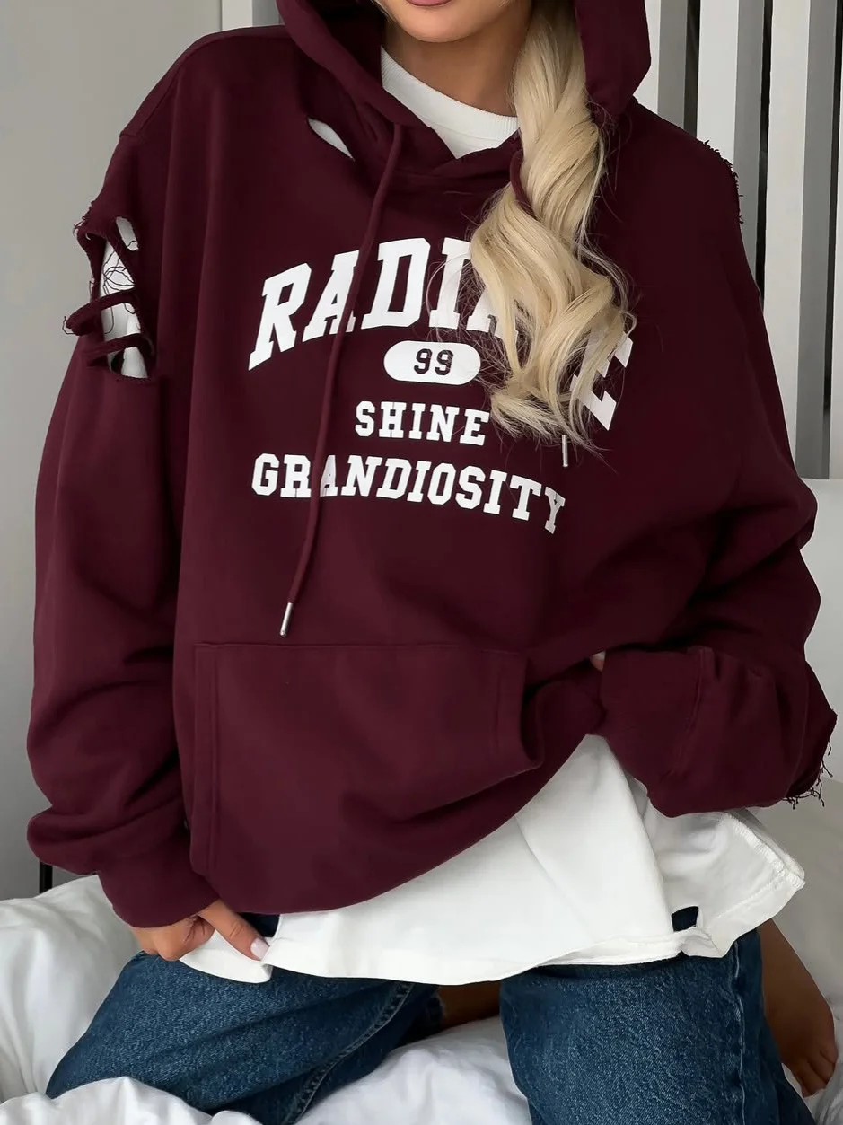 Athvotar Athvotar Style Retro Hottie Letter Print Dress Girl Spring New Rotten Hooded Loose Top