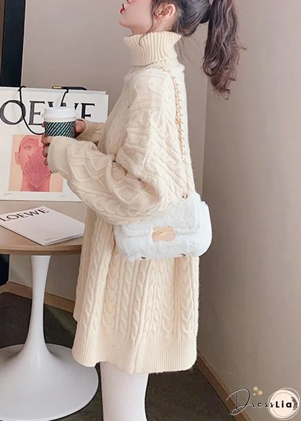 Stylish Rose Hign Neck Patchwork Thick Knit Sweater Dress Winter