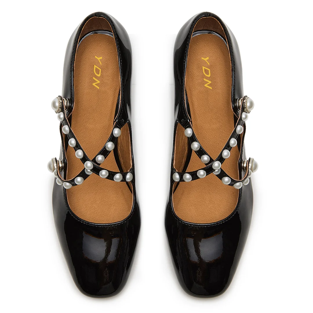 Black Patent Leather Pearl Embellished Crisscross Strap Mary Janes