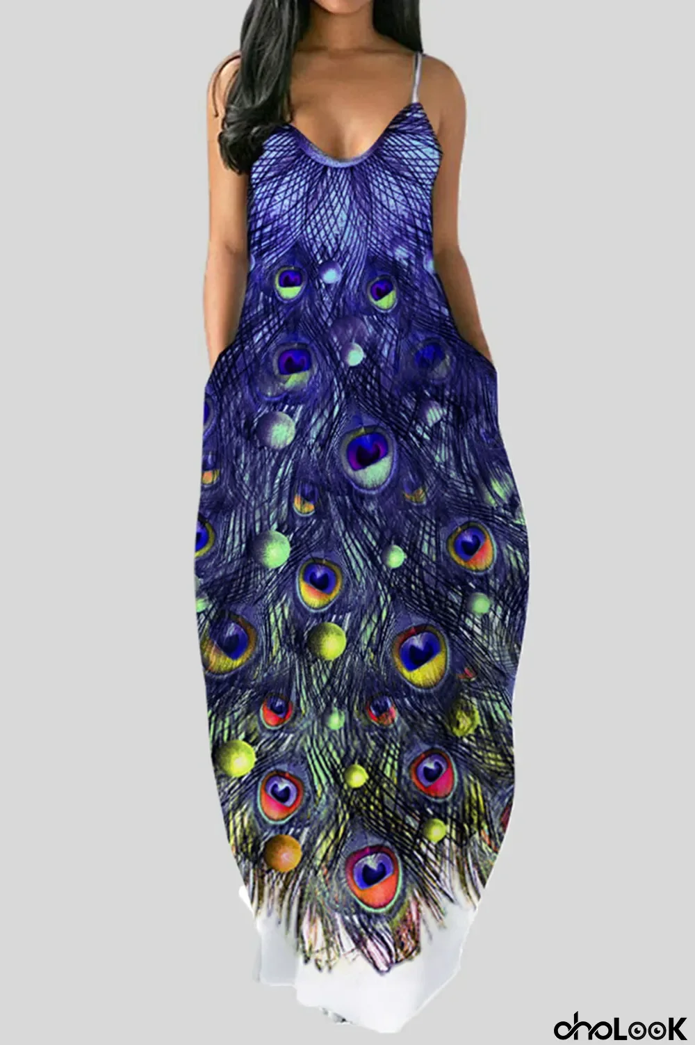 Deep Blue Sexy Print Patchwork Spaghetti Strap Sling Dress Dresses