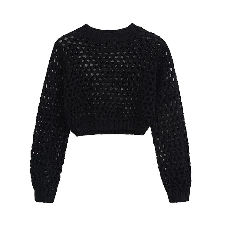 Fashion Loose O-neck Hollow Out Long Sleeve Crop Knitted Sweater   