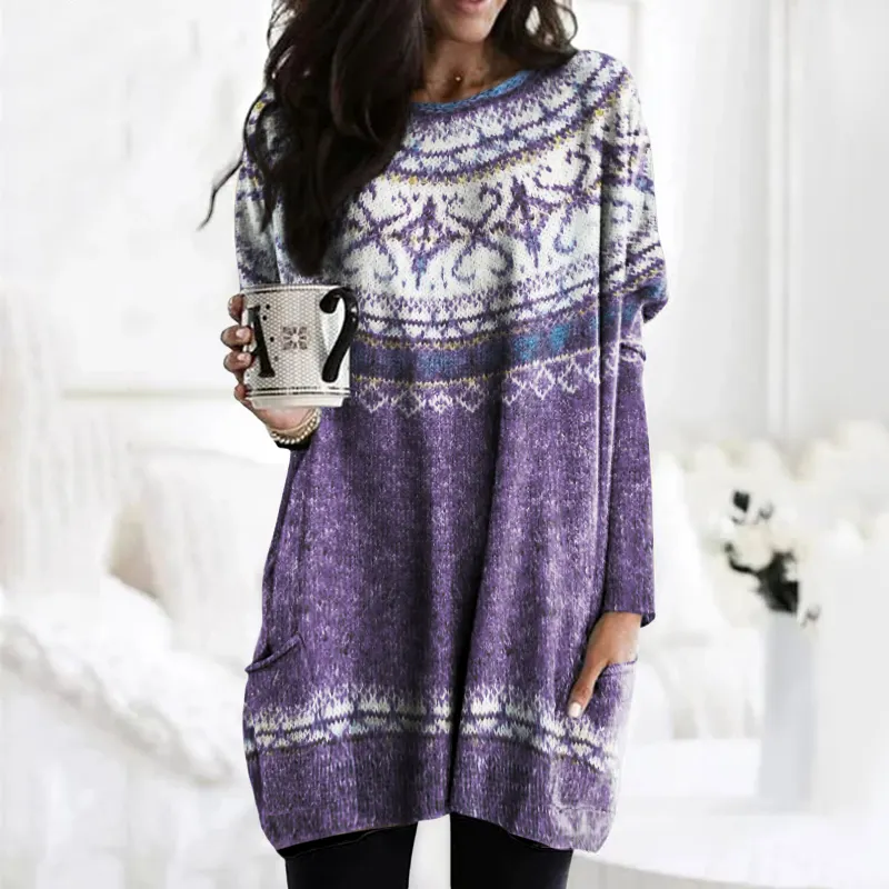 Icelandic Pattern Snowflake Jacquard Vintage Pocket Sweater