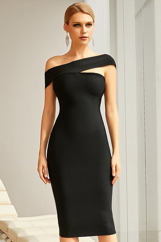 Black Knee Length Off-the-Shoulder Cocktail Bandage Dress - Shop Trendy Women's Clothing | LoverChic