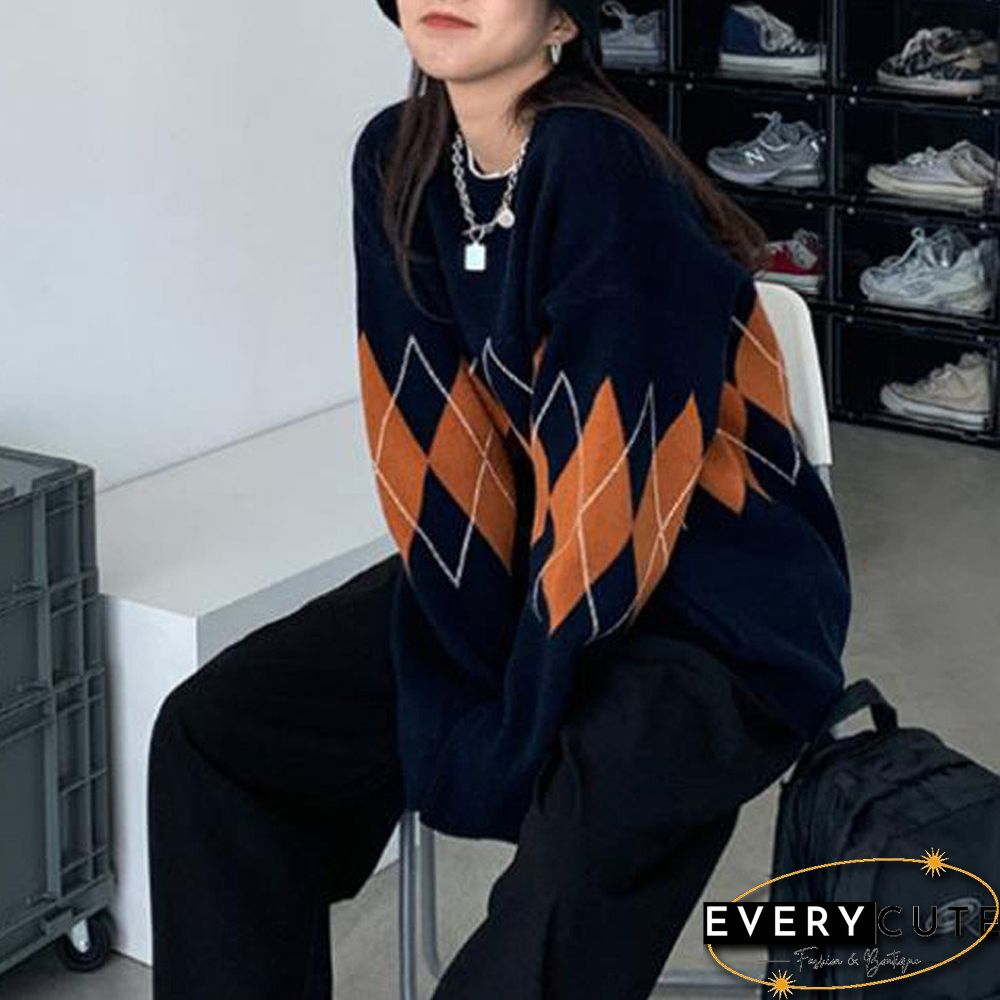 Women Argyle Knitted Sweater Autumn Winter O Neck Oversized Pullovers Korean Preppy Style Loose Jumper Female Sweaters