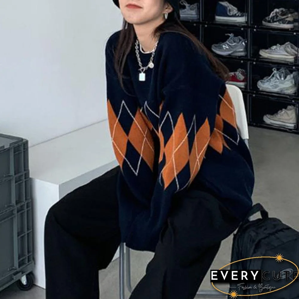 Women Argyle Knitted Sweater Autumn Winter O Neck Oversized Pullovers Korean Preppy Style Loose Jumper Female Sweaters