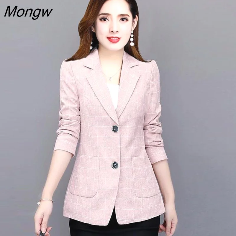 Mongw Women Spring Plaid Korean Style Single-breasted Office Ladies Loose XL-5XL Casual Elegant Fashion Womens Outwear Chic