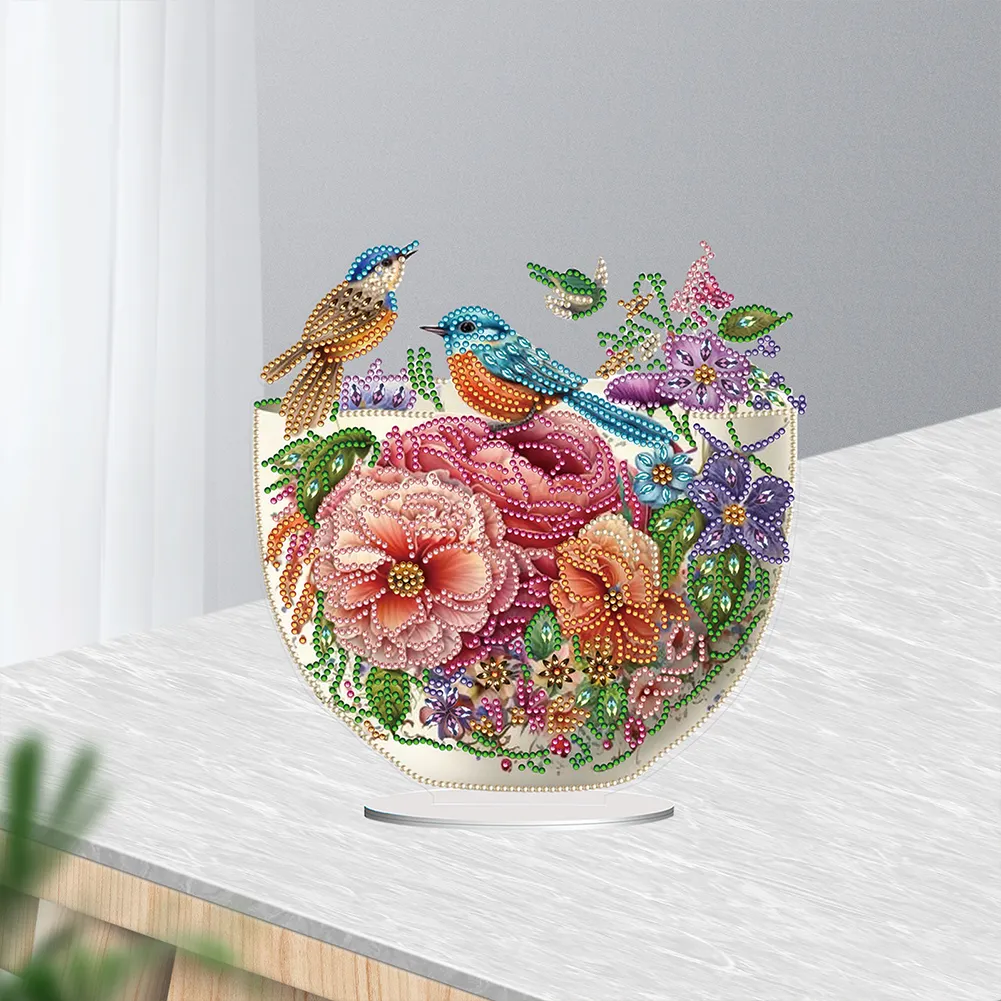 5D DIY Artistic Flower Bird Acrylic Special Shaped Desktop Diamond Art Kit for Desktop Decor