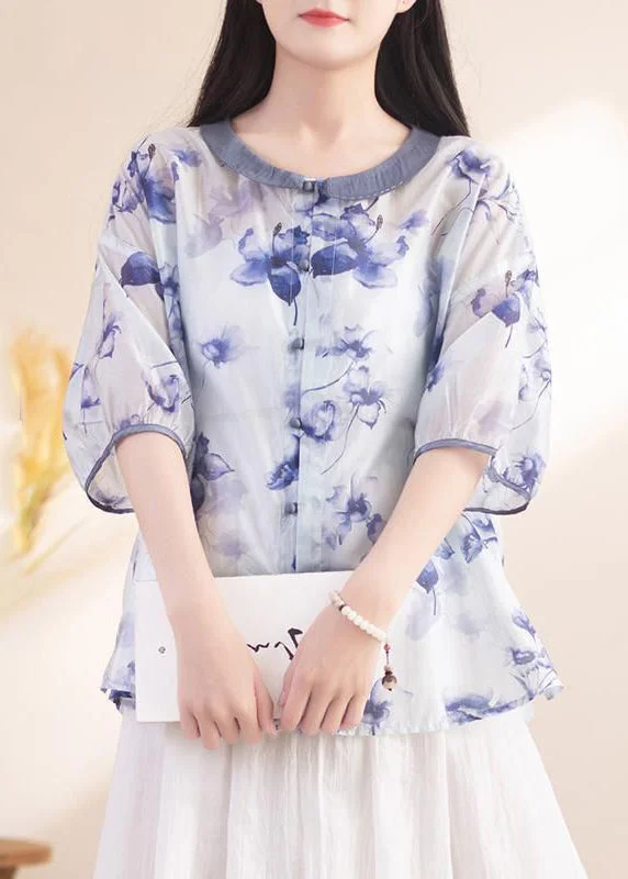Diy Blue Oversized Floral Print Linen Shirt Top Half Sleeve