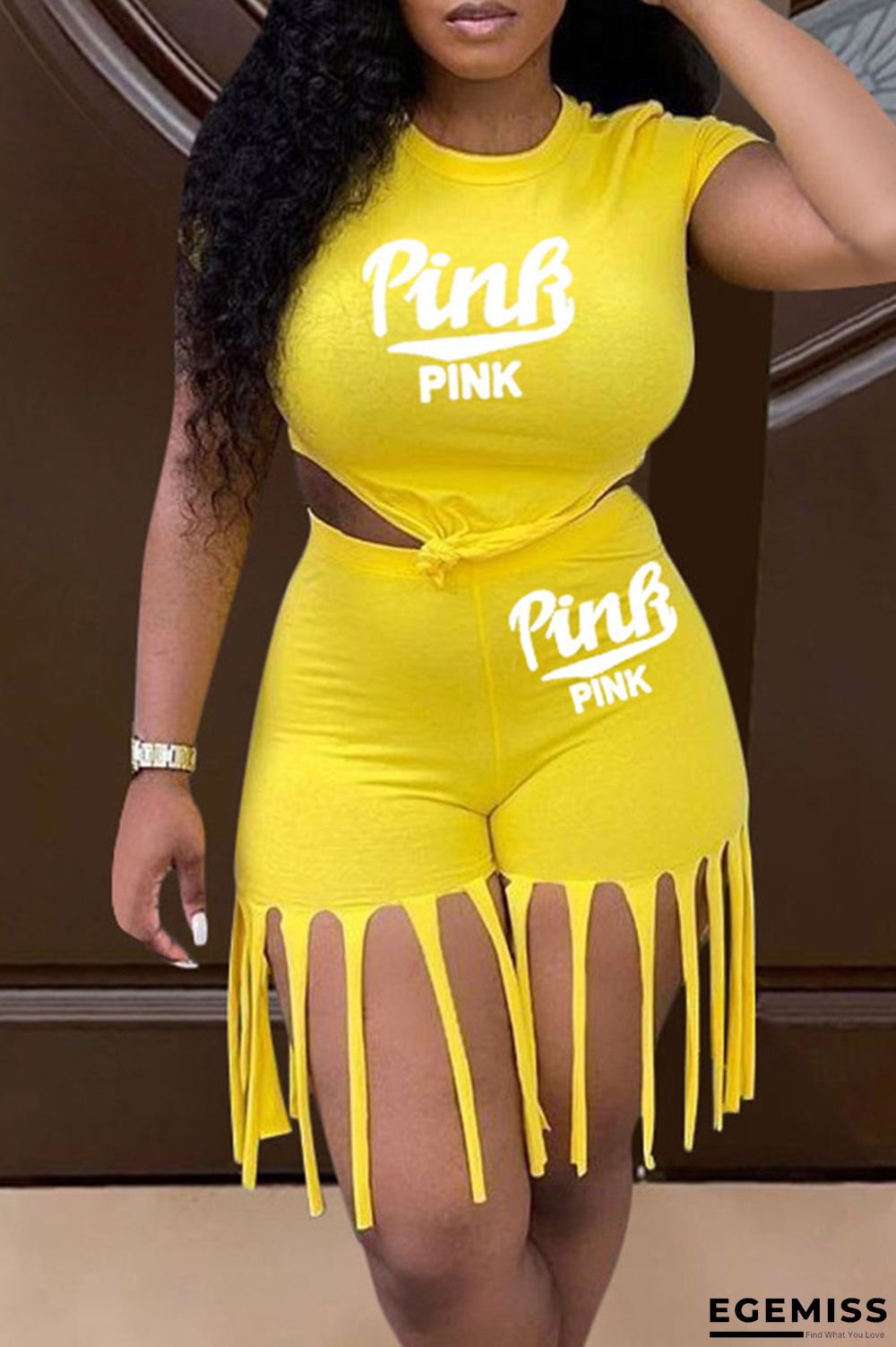 Yellow Casual Print Tassel Patchwork O Neck Short Sleeve Two Pieces | EGEMISS