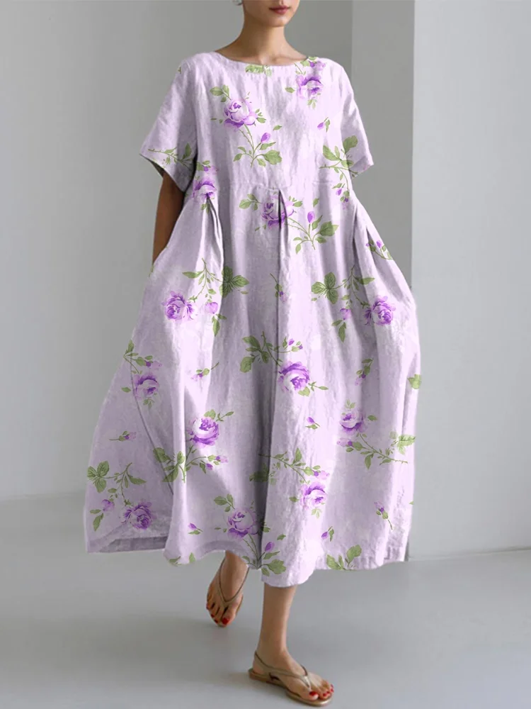 Vintage Rose Pattern Linen Blend Dress