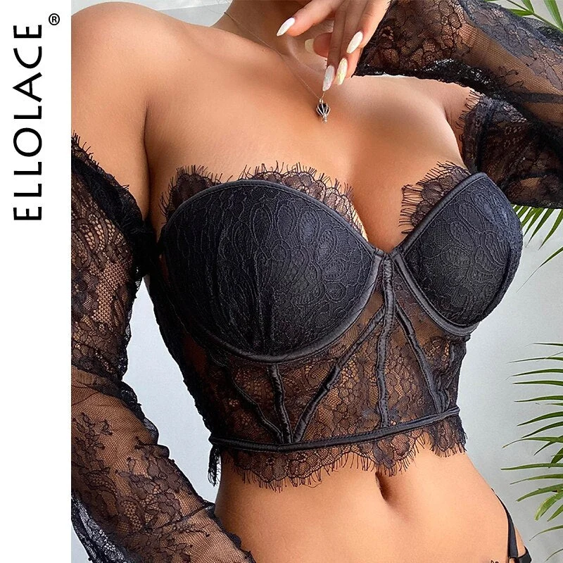Ellolace Off Shoulder Tops Sensual Lingerie Bralette Hot Sexy Long Sleeve Women's Underwear Transparent Underwire Padded Bra