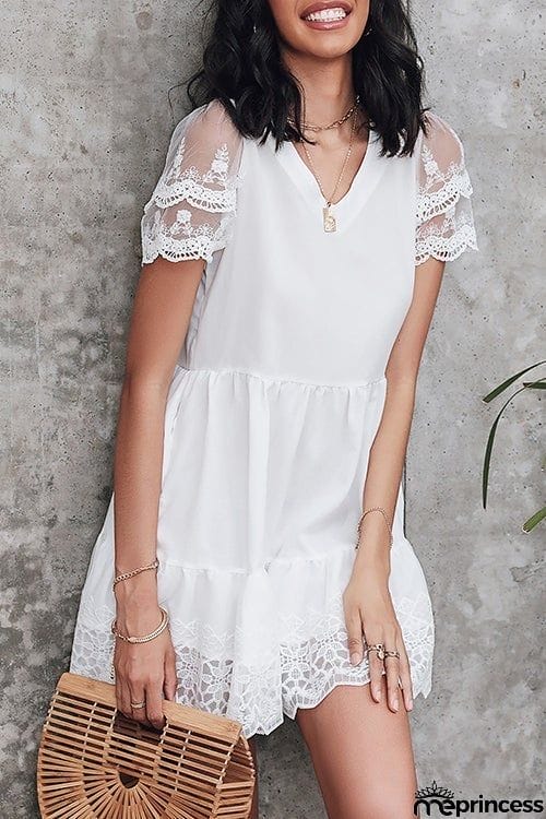 Lace V Neck Pockets Mini Dress