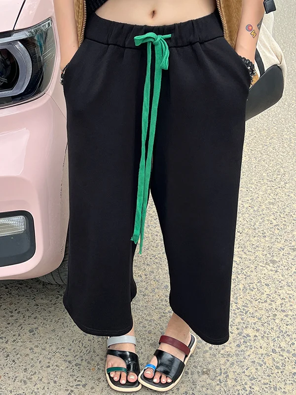 Drawstring Solid Color Loose Wide Leg Casual Pants Bottoms