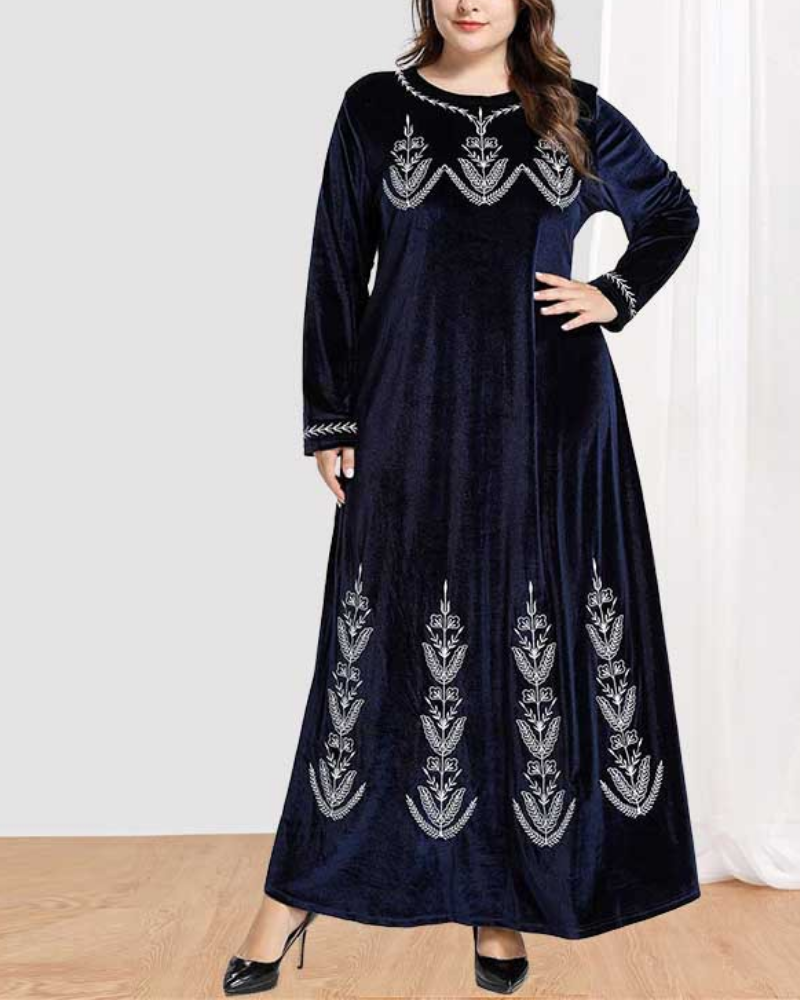 Fashion Botanical Embroidery Long Sleeve Casual Large Swing Velvet Long Dress