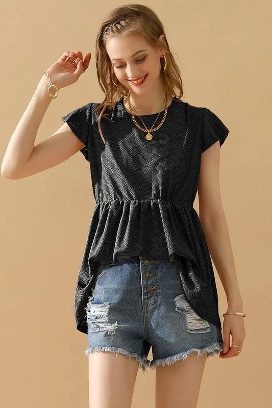 Ruffled Elastic Waist Punching Lace Tee