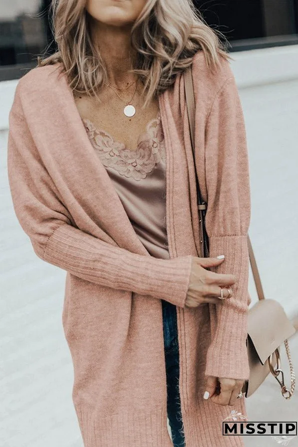 Smoke Gray Ribbed Trim Pocket Long Cardigan