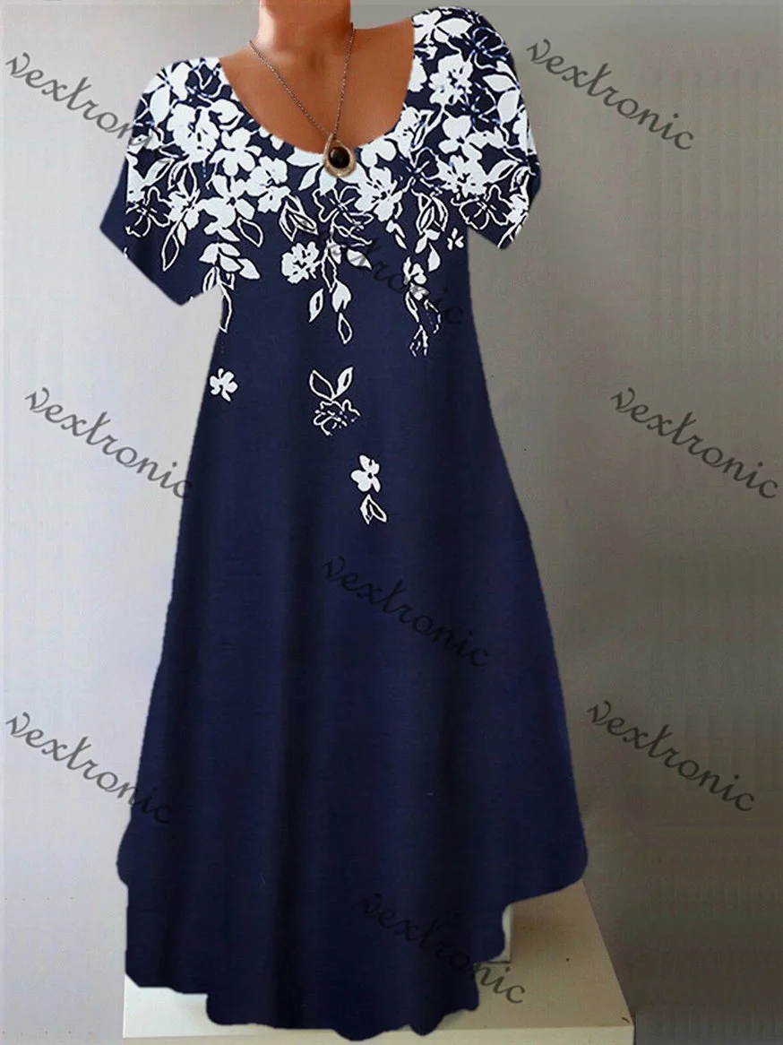 Women's Short Sleeve Scoop Neck Floral Printed Midi Dress