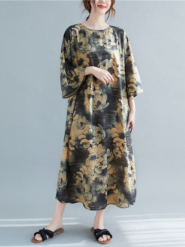 Original Floral Flared Sleeve Round-Neck Dress