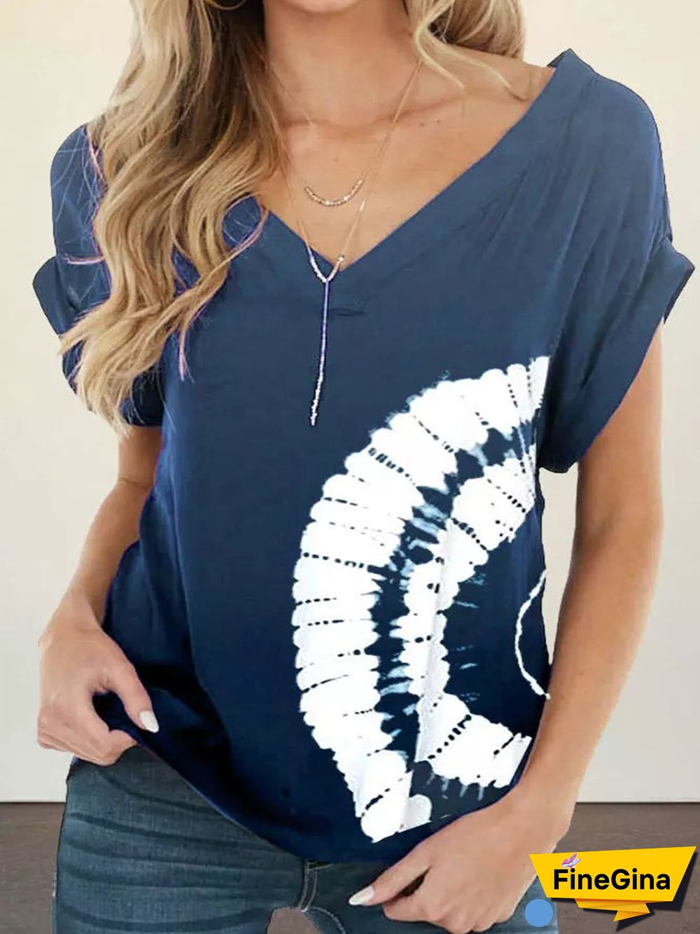 Vintage Geometric Printed Short Sleeve V Neck Plus Size Casual Tops