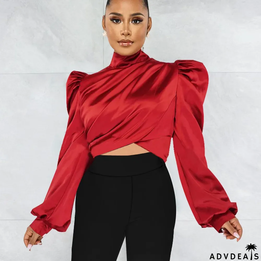 Lantern Sleeve Zipper Fashion Crop Tops