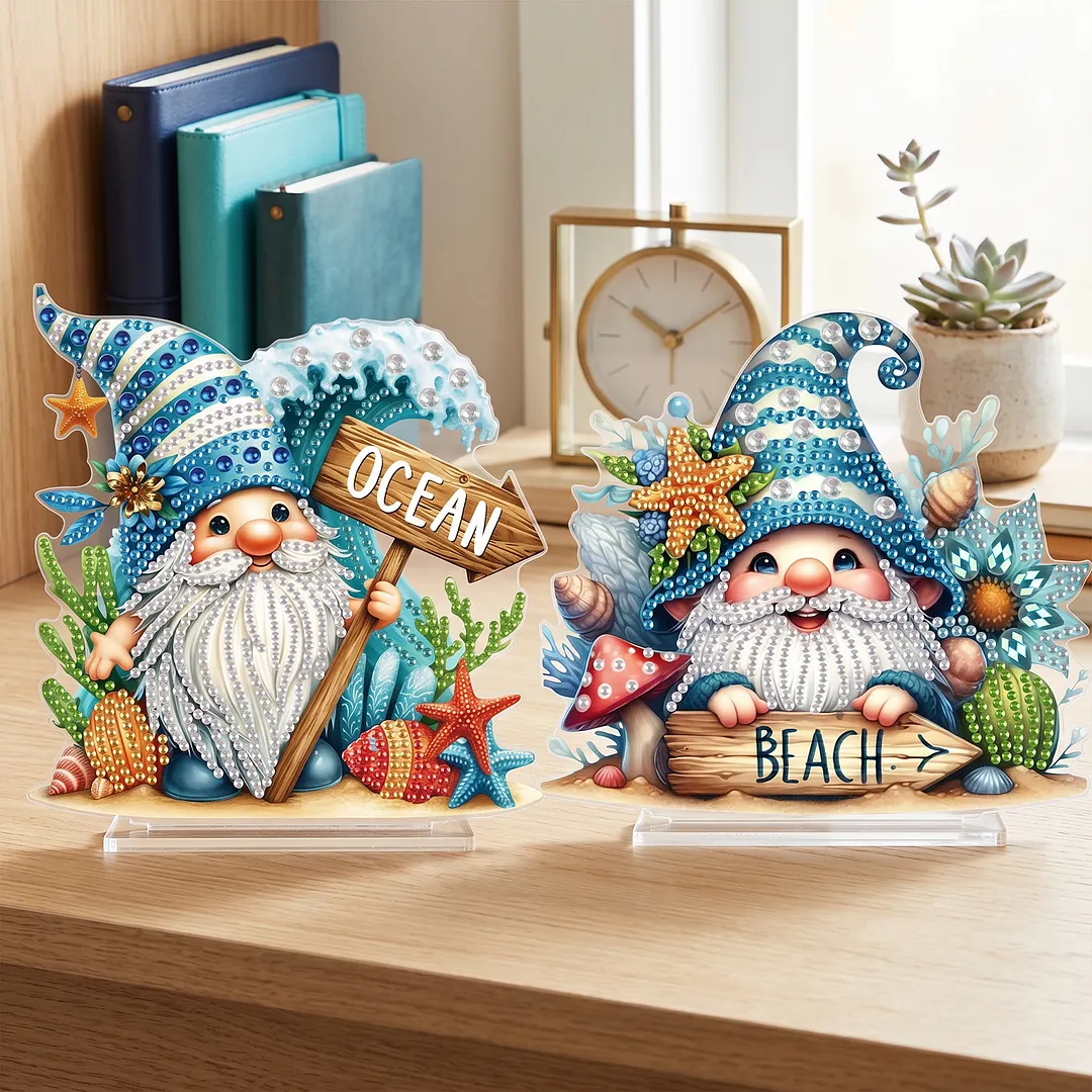 2Pcs DIY Diamond Art Tabletop Ornaments Reusable Special Gem Rhinestone Mosaic Craft Multi-Purpose Diamonds Art Suncatchers Flowers Gift for Craft Lovers (Beach Gnomes)