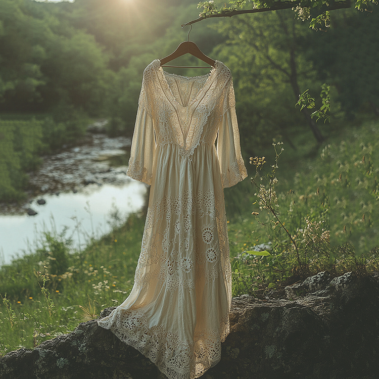 Utbros Vintage Lace Art Linen Maxi Dress