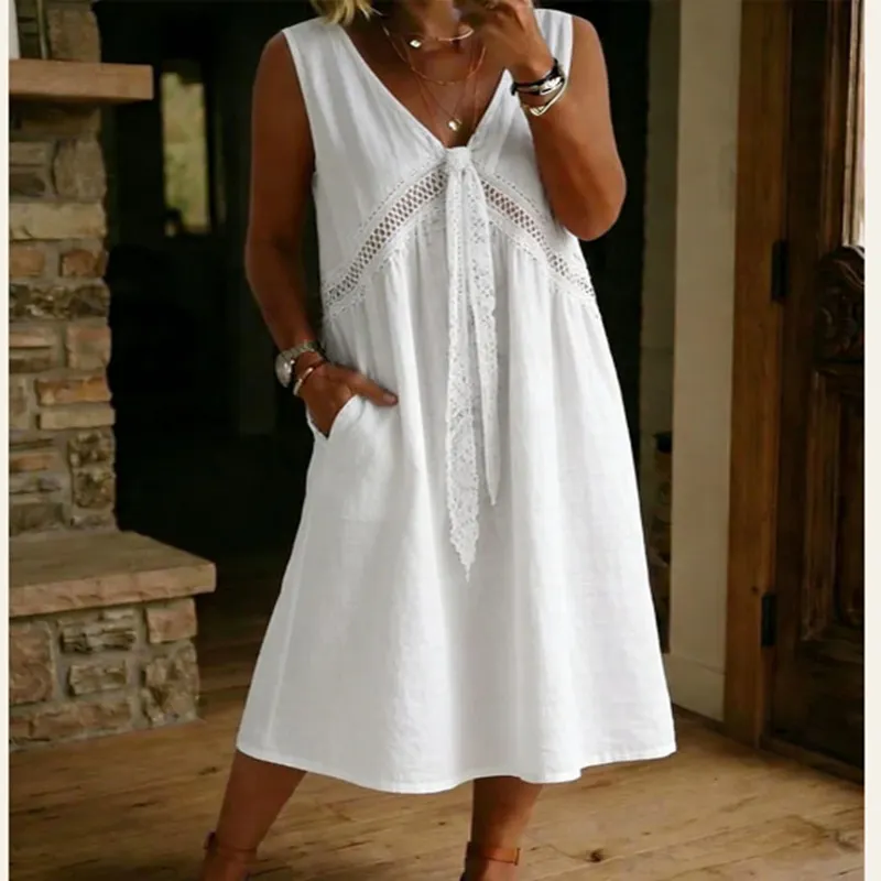 V-Neck Lace Splicing Sleeveless Loose A-Line Cotton Linen Midi Dress